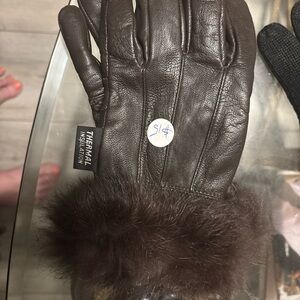 Brown Leather Gloves with Fur Trim